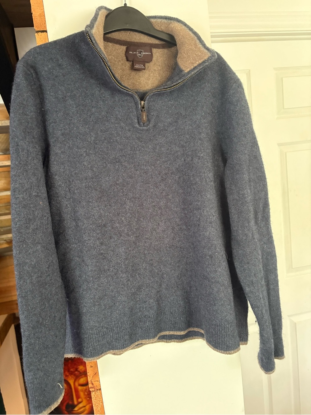 Black Brown 1826 Menโs Navy Blue Half-Zip Sweater with Cream Trim